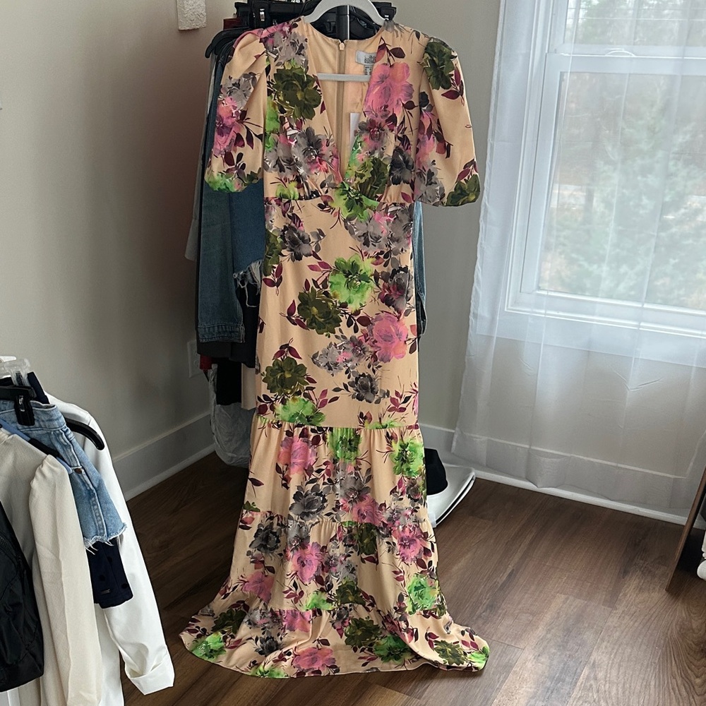 Badgley Mischka Floral Maxi Dress in Pink and Green